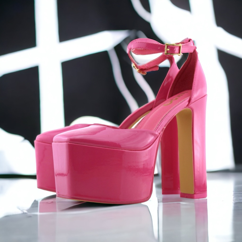 Ankle Strap Square Toe Platform Block Heel Pink Patent Size 8